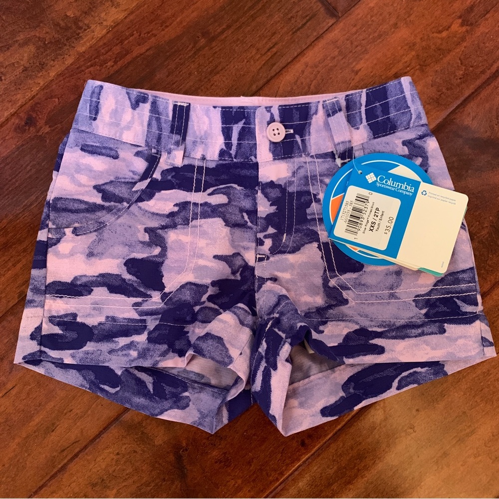 Columbia NWT Girls Pink and Purple Camouflage Shorts Size XXS (4/5)